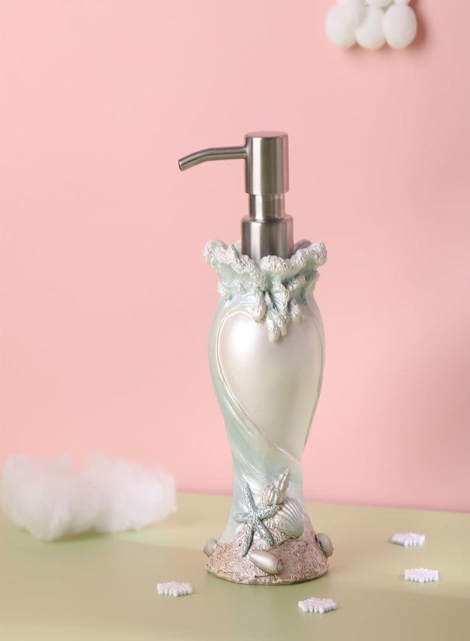 BUNCHBRAVO Bule Ocean-Themed Soap Dispenser - 7oz Resin Refillable Pump Bottle with Shell & Wave Design, Stainless Steel Head, for Bathroom or Kitchen Counter Décor - Image 2